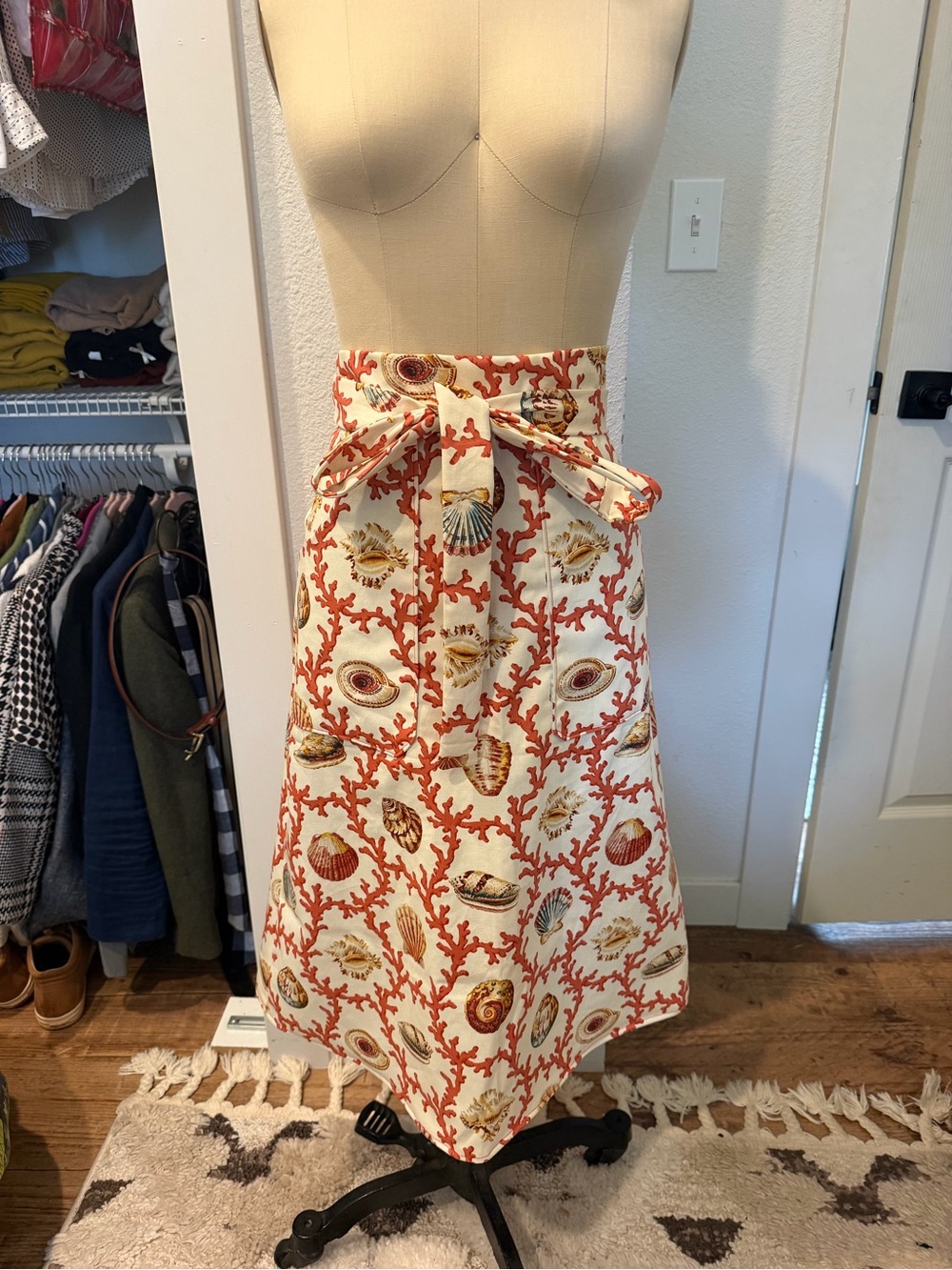 Seashell Print Wrap Skirt in Cream and Coral